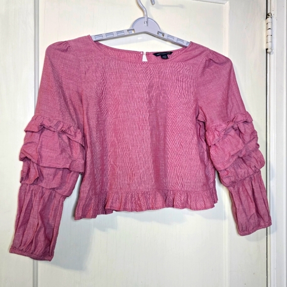 American Eagle Crop Peasant Top Red Boho Smocked Ruffle Sleeve Medium - Picture 3 of 9